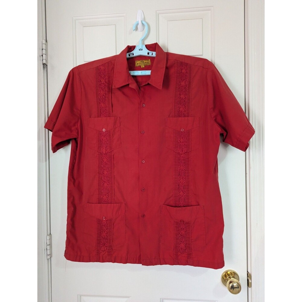VTG Scorpio S/S Button Shirt Mens XL Red Embroidered Cuban Guayabera Havana